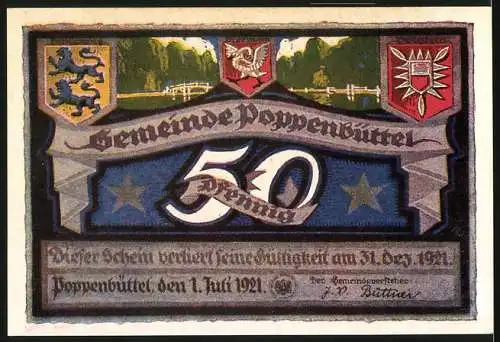 Notgeld Poppenbüttel 1921, 50 Pfennig, Landschaft und Wappen der Gemeinde