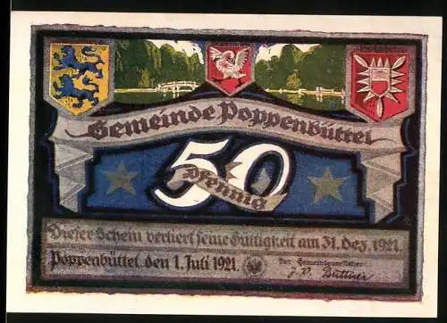 Notgeld Poppenbüttel, 1921, 50 Pfennig, farbige Landschaftsszene und Wappen