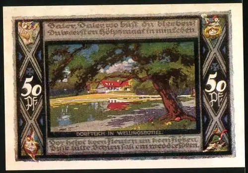 Notgeld Poppenbüttel, 1921, 50 Pfennig, farbige Landschaftsszene und Wappen