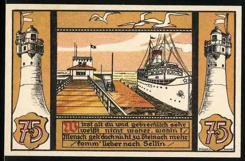 Notgeld Sellin auf Rügen, 1922, 75 Pfennig, Schiff und Hafen mit Leuchttürmen, zwei Frauen am Rand mit Kopfschmuck