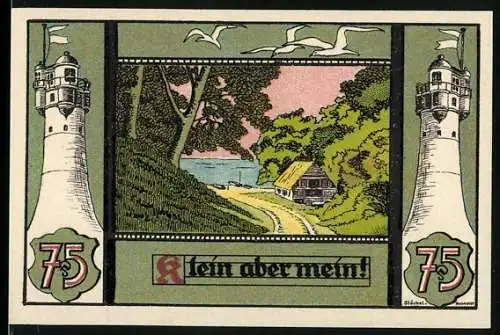 Notgeld Sellin auf Rügen, 75 Pfennig, Landschaftsszene mit Leuchtturm und Küstendorf, zwei Tänzerinnen