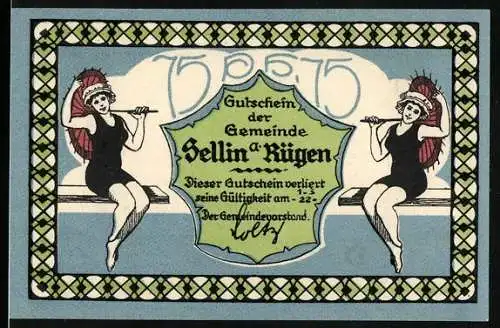 Notgeld Sellin auf Rügen, 75 Pfennig, zwei Frauen mit Federkopfschmuck und Leuchttürme am Meer