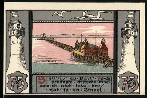 Notgeld Sellin auf Rügen, 1922, 75 Pfennig, Ansicht der Seebrücke und Künstlerinnen im Badeanzug