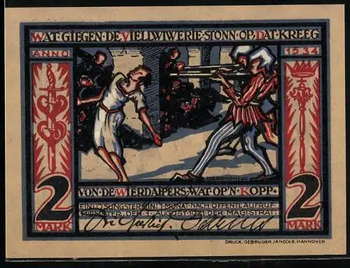 Notgeld Münster, 2 Mark, Historische Szene mit Soldaten und Pastorenabbildung