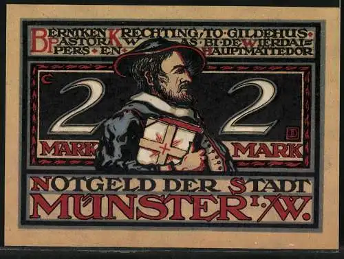 Notgeld Münster, 2 Mark, Historische Szene mit Soldaten und Pastorenabbildung