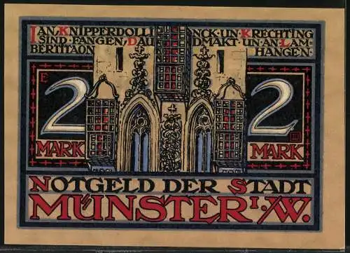 Notgeld Münster, 2 Mark, Darstellung historischer Ereignisse und Gebäude der Stadt Münster