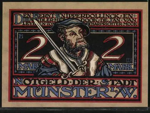 Notgeld Münster, 2 Mark, Historische Szene mit Kämpfer und Portrait einer historischen Figur