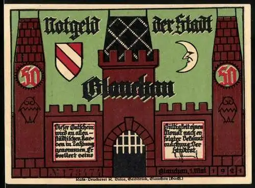 Notgeld Glauchau 1921, 50 Pfennig, Stadtansicht mit Türmen und Wappen, Silhouetten-Szene