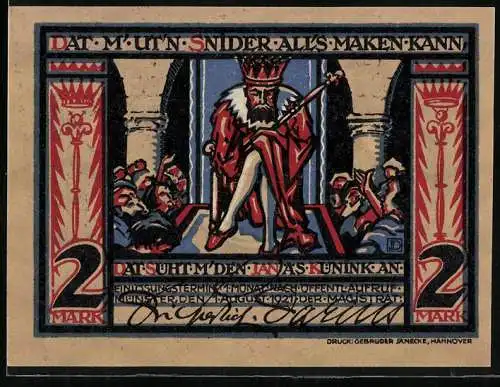 Notgeld Münster i.W., 2 Mark, König mit Zepter und Krone, Krone über Erdkugel