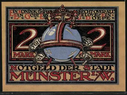 Notgeld Münster i.W., 2 Mark, König mit Zepter und Krone, Krone über Erdkugel
