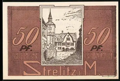 Notgeld Strelitz i. M., 1922, 50 Pfennig, Reutergeld mit Stadtansicht und Gedicht