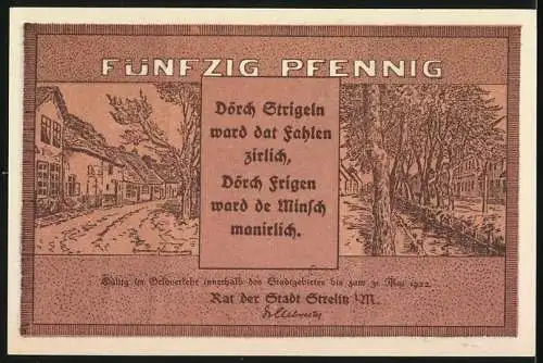 Notgeld Strelitz i. M., 1922, 50 Pfennig, Reutergeld mit Stadtansicht und Gedicht