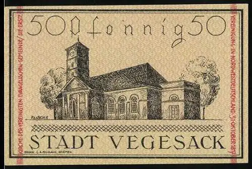 Notgeld Vegesack, 1921, 50 Pfennig, Kirche und Stadtwappen mit Unterschriften