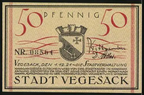 Notgeld Vegesack, 1921, 50 Pfennig, Kirche und Stadtwappen mit Unterschriften