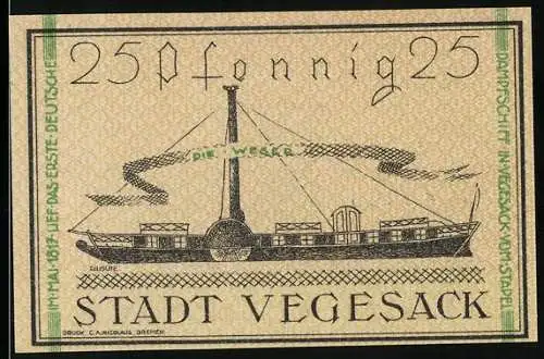 Notgeld Vegesack, 1921, 25 Pfennig, Dampfschiff Die Weser und Stadtwappen