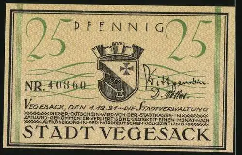 Notgeld Vegesack, 1921, 25 Pfennig, Dampfschiff Die Weser und Stadtwappen