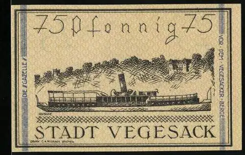 Notgeld Vegesack, 1921, 75 Pfennig, Dampfschiff und Wappen mit Signaturen