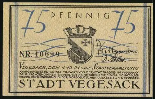 Notgeld Vegesack, 1921, 75 Pfennig, Dampfschiff und Wappen mit Signaturen