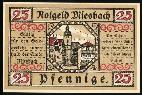 Notgeld Miesbach 1921, 25 Pfennig, Stadtansicht und Stadtwappen
