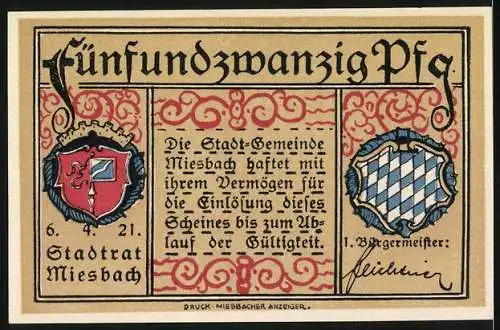 Notgeld Miesbach 1921, 25 Pfennig, Stadtansicht und Stadtwappen