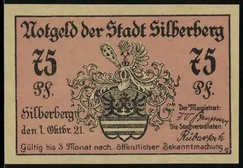 Notgeld Silberberg, 1921, 75 Pf, Wappen und Ansicht von Fort Spitzberg