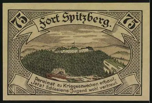 Notgeld Silberberg, 1921, 75 Pf, Wappen und Ansicht von Fort Spitzberg