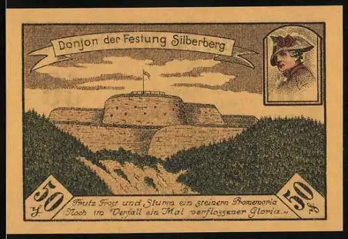 Notgeld Silberberg 1921, 50 Pf, Festung Silberberg und Stadtwappen