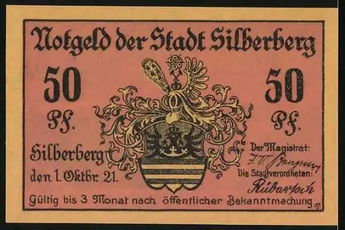 Notgeld Silberberg 1921, 50 Pf, Festung Silberberg und Stadtwappen