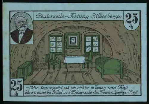 Notgeld Silberberg 1921, 25 Pfennig, Reiterzelle Festung und Wappen der Stadt