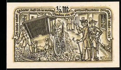 Notgeld Strausberg, 1921, 1 /2 Mark, Stadtkassenschein mit Wappen und historischer Szene