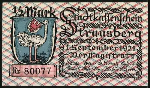 Notgeld Strausberg, 1921, 1 /2 Mark, Stadtwappen mit Vogel und historische Belagerungsszene