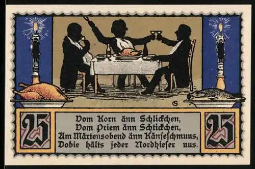 Notgeld Nordhausen, 1921, 25 Pfennig, Drei Männer bei einem Festmahl und Stadtwappen