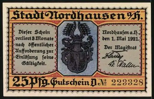 Notgeld Nordhausen, 1921, 25 Pfennig, Drei Männer bei einem Festmahl und Stadtwappen