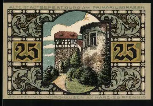 Notgeld Nordhausen 1921, 25 Pfennig, Alte Stadtbefestigung am Primariusgraben und Der Riese