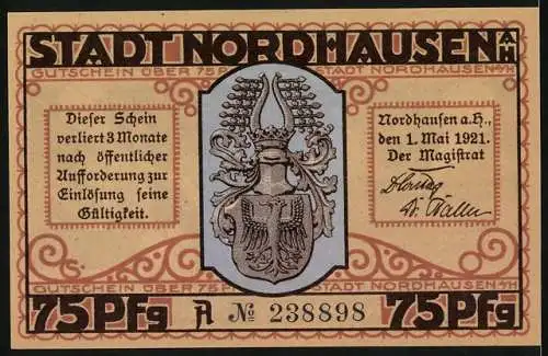 Notgeld Nordhausen, 1921, 75 Pfennig, Der Tod und der Nordhäuser Branntwein