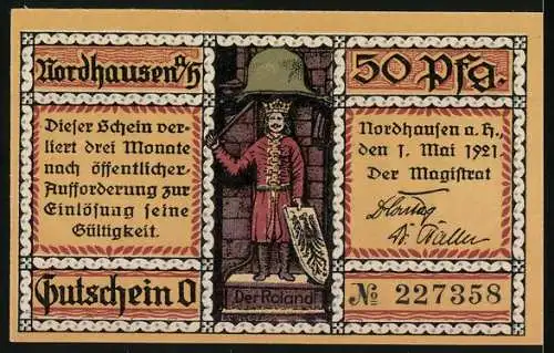 Notgeld Nordhausen 1921, 50 Pfennig, Die Finkenburg und Der Roland