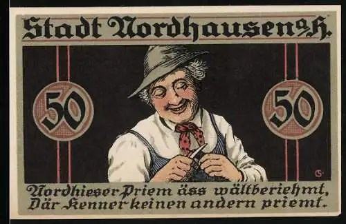 Notgeld Nordhausen 1921, 50 Pfennig, lachender Mann mit Pfeife, Stadtwappen mit Verfallsdatum