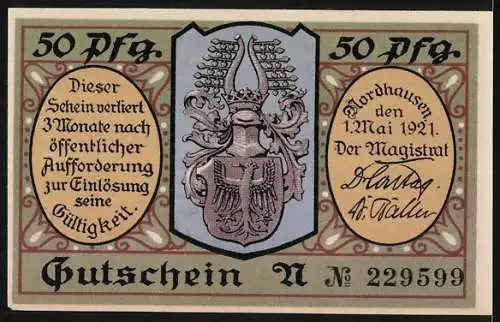 Notgeld Nordhausen 1921, 50 Pfennig, lachender Mann mit Pfeife, Stadtwappen mit Verfallsdatum