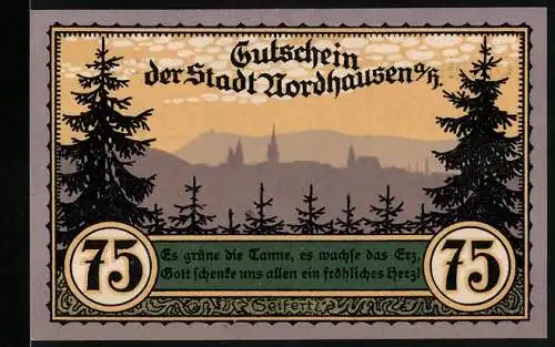 Notgeld Nordhausen, 1921, 75 Pfennig, Gutschein der Stadt Nordhausen mit der Abbildung eines wilden Mannes
