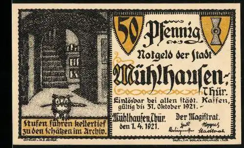 Notgeld Mühlhausen 1921, 50 Pfennig, Archivserie Blatt 1 Karl V. und Stadttorillustration