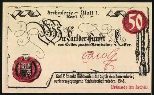 Notgeld Mühlhausen 1921, 50 Pfennig, Archivserie Blatt 1 Karl V. und Stadttorillustration