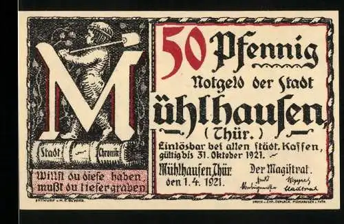 Notgeld Mühlhausen 1921, 50 Pfennig, Einlösbar bei allen städt. Kassen, Archivserie Blatt 2 Luther