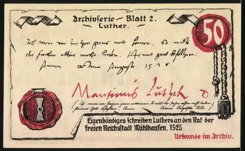 Notgeld Mühlhausen 1921, 50 Pfennig, Einlösbar bei allen städt. Kassen, Archivserie Blatt 2 Luther