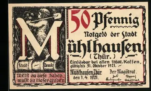 Notgeld Mühlhausen 1921, 50 Pfennig, Einlösbar bei allen städtischen Kassen bis 31. Oktober 1921, Archivserie Blatt 4