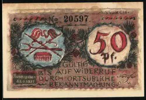 Notgeld Volkstedt 1921, 50 Pfennig, Tannenzweige und Ornamente, Nr. 20597