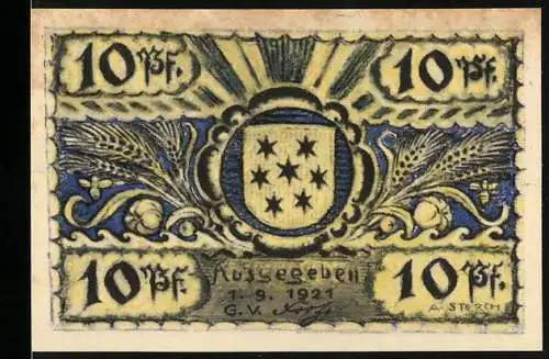 Notgeld Volkstedt 1921, 10 Pfennig, Wappen und Fischer auf der Saar