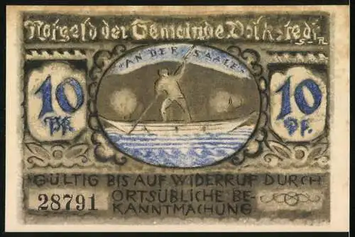 Notgeld Volkstedt 1921, 10 Pfennig, Wappen und Fischer auf der Saar