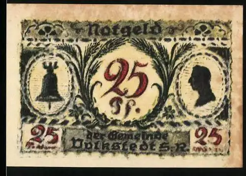 Notgeld Volkstedt 1921, 25 Pf, Glocke und Profil auf Vorderseite, Wappen mit Ähren auf Rückseite