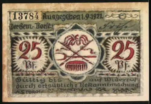 Notgeld Volkstedt 1921, 25 Pf, Glocke und Profil auf Vorderseite, Wappen mit Ähren auf Rückseite