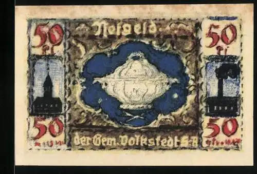 Notgeld Volkstedt, 1921, 50 Pfennig, Zinnschale und Kanufahrer auf der Saale